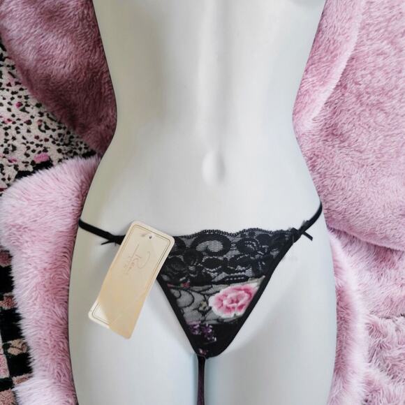 Y2k Sheer Black Floral Mesh Lace Micro Thong Rene Rofe SM - Picture 2 of 8